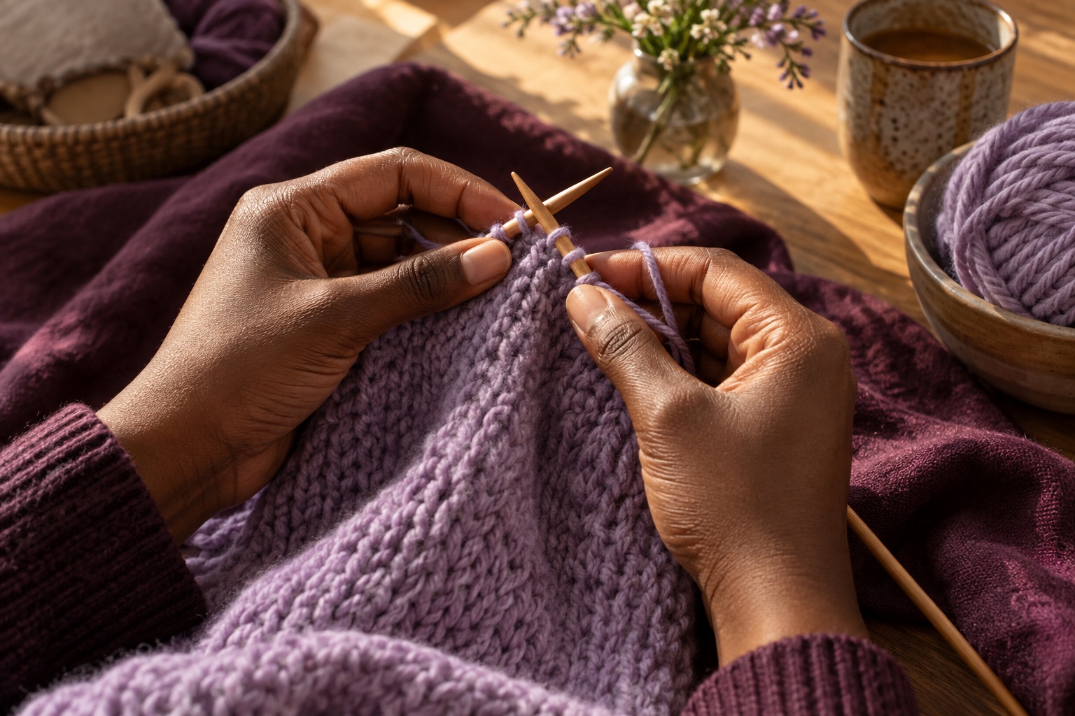 Illustrative image of hands working lavender yarn with wooden knitting needles