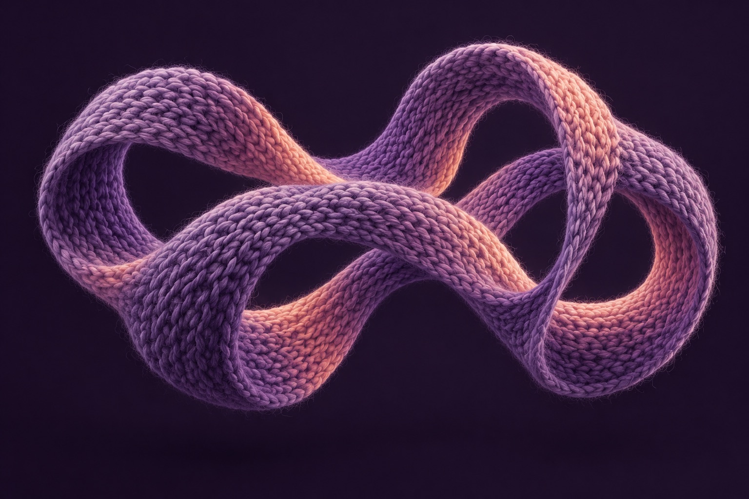 Sculptural loops of violet and peach knitted wool, an abstract expression of connection