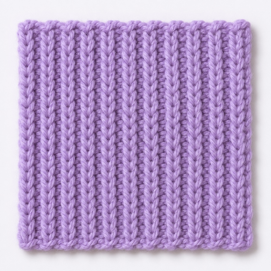 Orchid one-by-one rib swatch with raised knit V columns and recessed purl columns